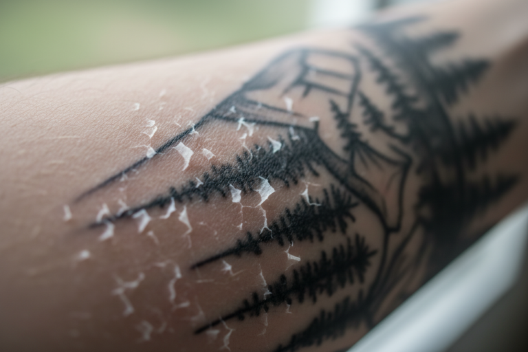 A realistic macro photo of a healing tattoo on a person's forearm showing natural skin peeling during the healing process. The tattoo is black ink and clearly visible beneath slightly peeling skin flakes. The skin looks dry but healthy, showing normal tattoo healing. Natural lighting, high detail skin texture, realistic pores, professional photography.